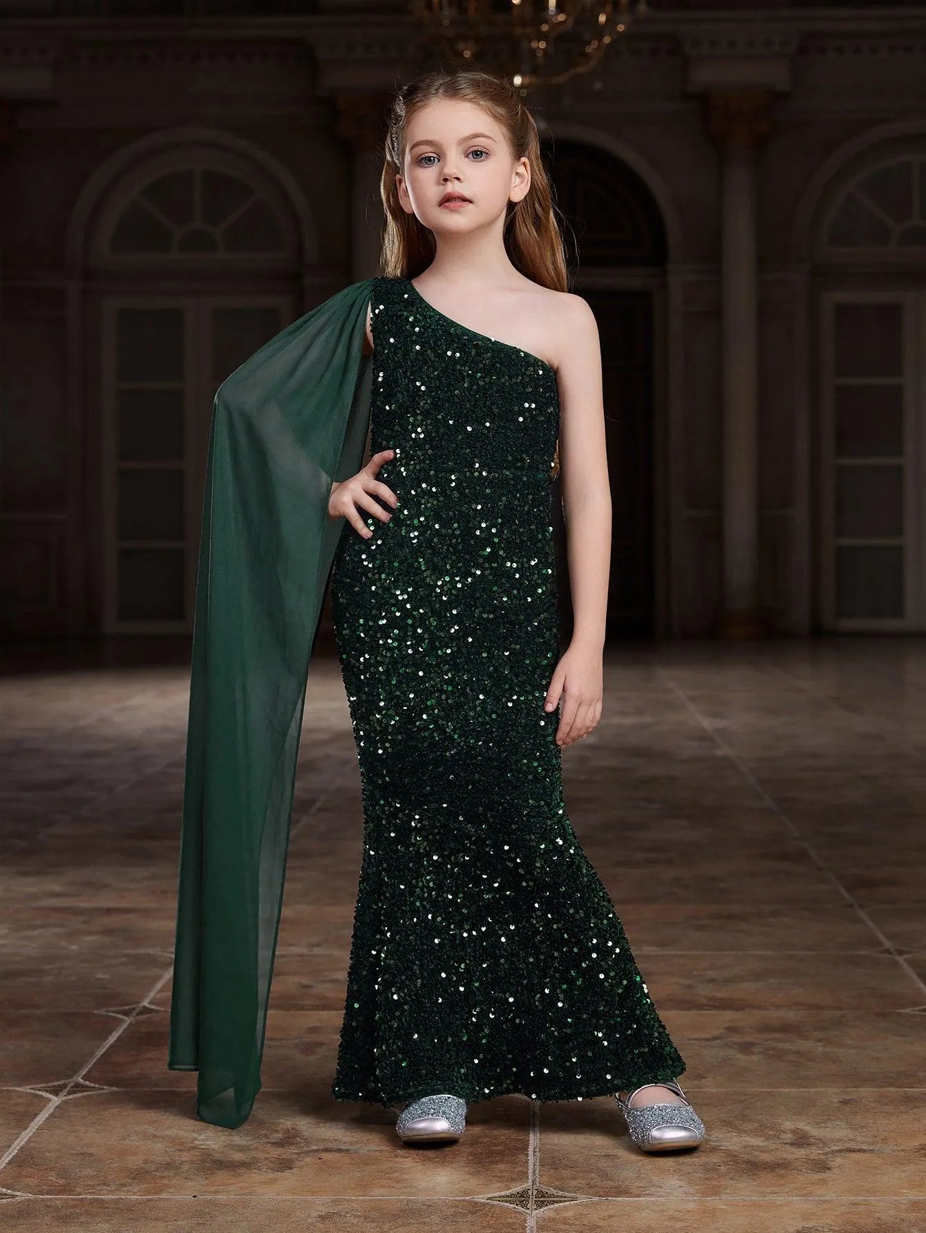 Additional product view of Draped Side One-Shoulder Sequin Mermaid Sleeveless Tween Girls' Party Dress