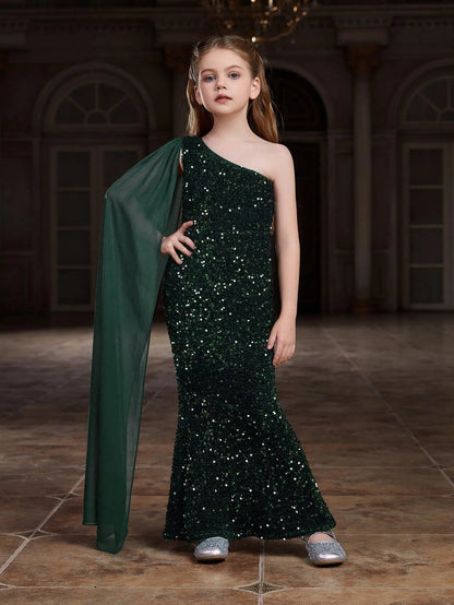Additional product view of Draped Side One-Shoulder Sequin Mermaid Sleeveless Tween Girls' Party Dress