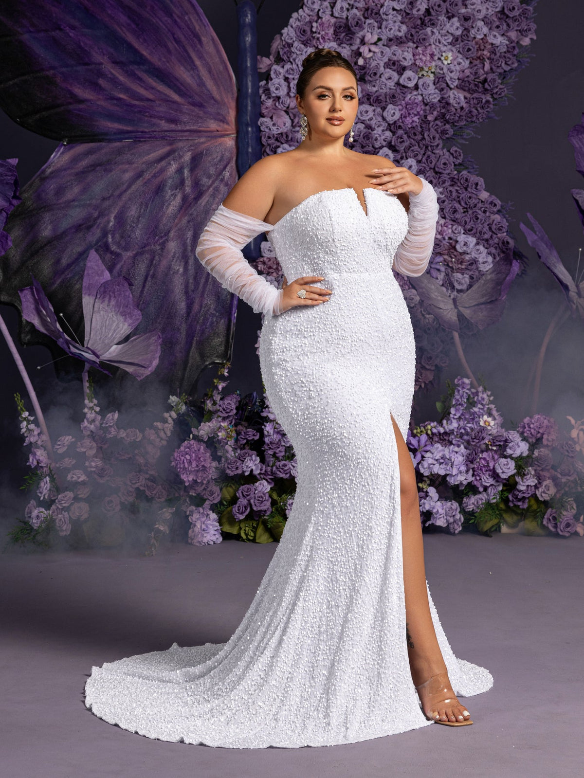 Mermaid Hem Plus-Size Strapless Long-Sleeve Sequin Wedding Dress in White