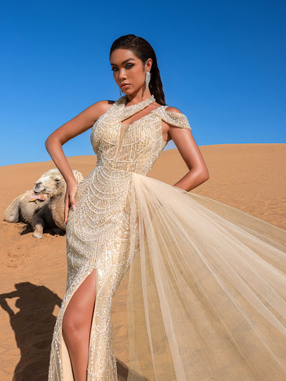 Additional view of Asymmetrical Neck Beaded Mermaid Evening Gown