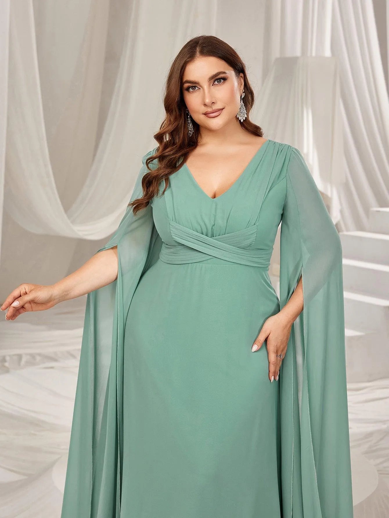 Plus Solid Ruched Front Extra-Long Sleeves Chiffon Prom Dress