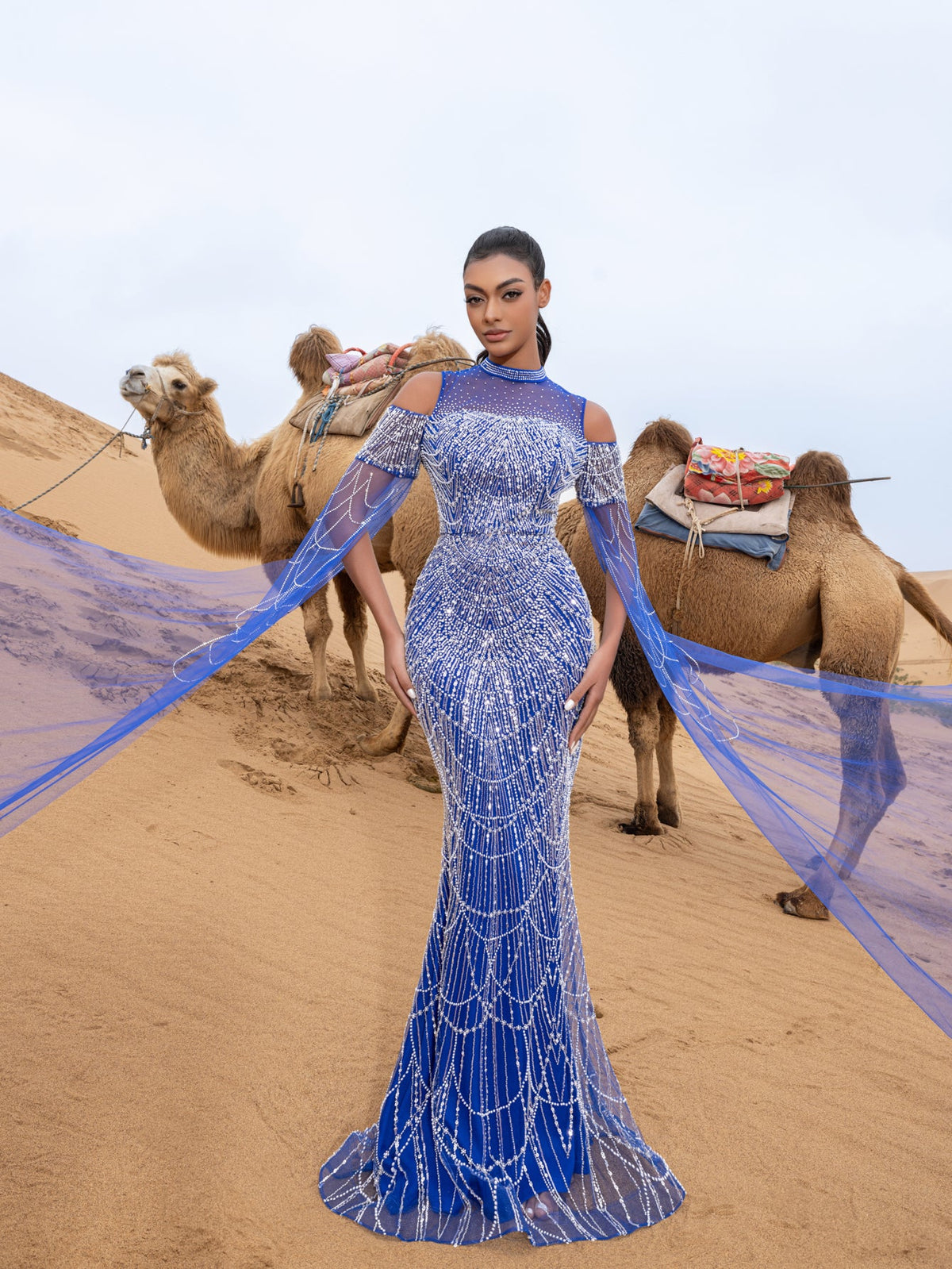 Luxury Gorgeous Rhinestone Detail Cape Sleeves Mermaid Hem Beaded Seuqin Evening Dress – view 14