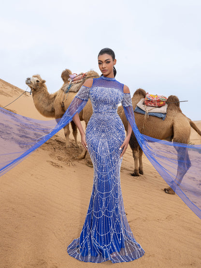 Luxury Gorgeous Rhinestone Detail Cape Sleeves Mermaid Hem Beaded Seuqin Evening Dress – view 14