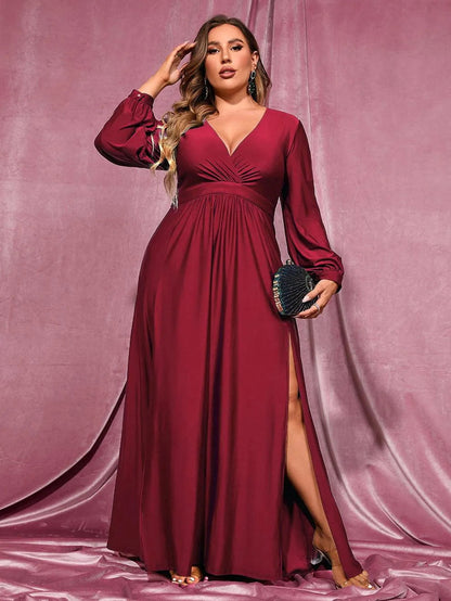 Additional product view of Plunging-Neck High-Slit Plus-Size V-Neck Knit Evening Gown