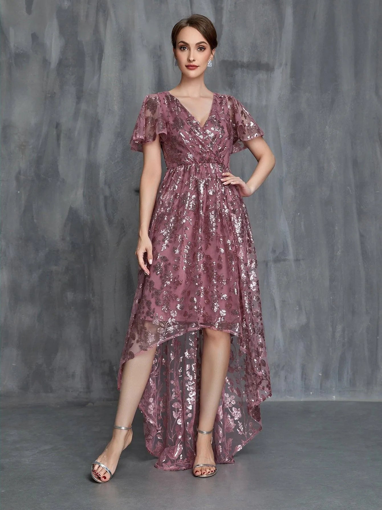 Women's Surplice Neck High-Low Hem Sequin Party Dress