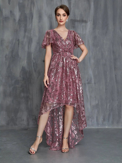 Women's Surplice Neck High-Low Hem Sequin Party Dress