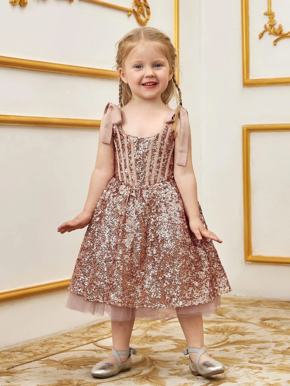 Cami Strap Sequin A-Line Sleeveless Midi Young Girls' Party Dress in Champagne