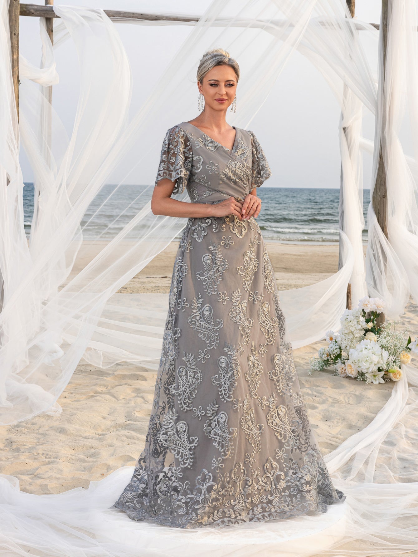 Additional product view of Lace V-Neck Short-Sleeve A-Line Maxi Mother-of-the-Bride Dress
