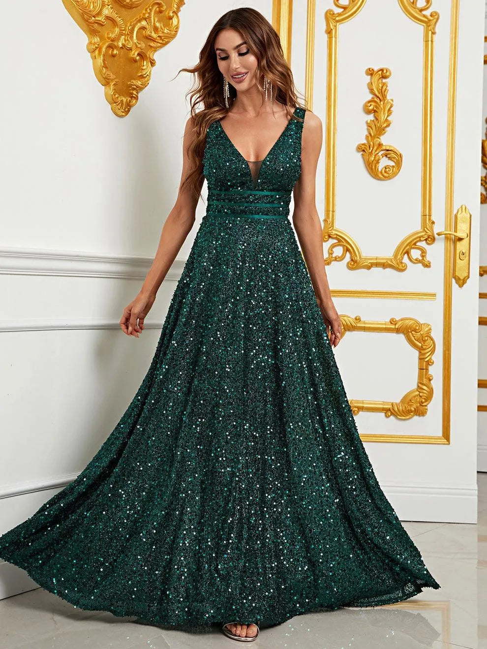 Elegant Deep V Neck Sequin A Line Prom Dresses - Elonnashop