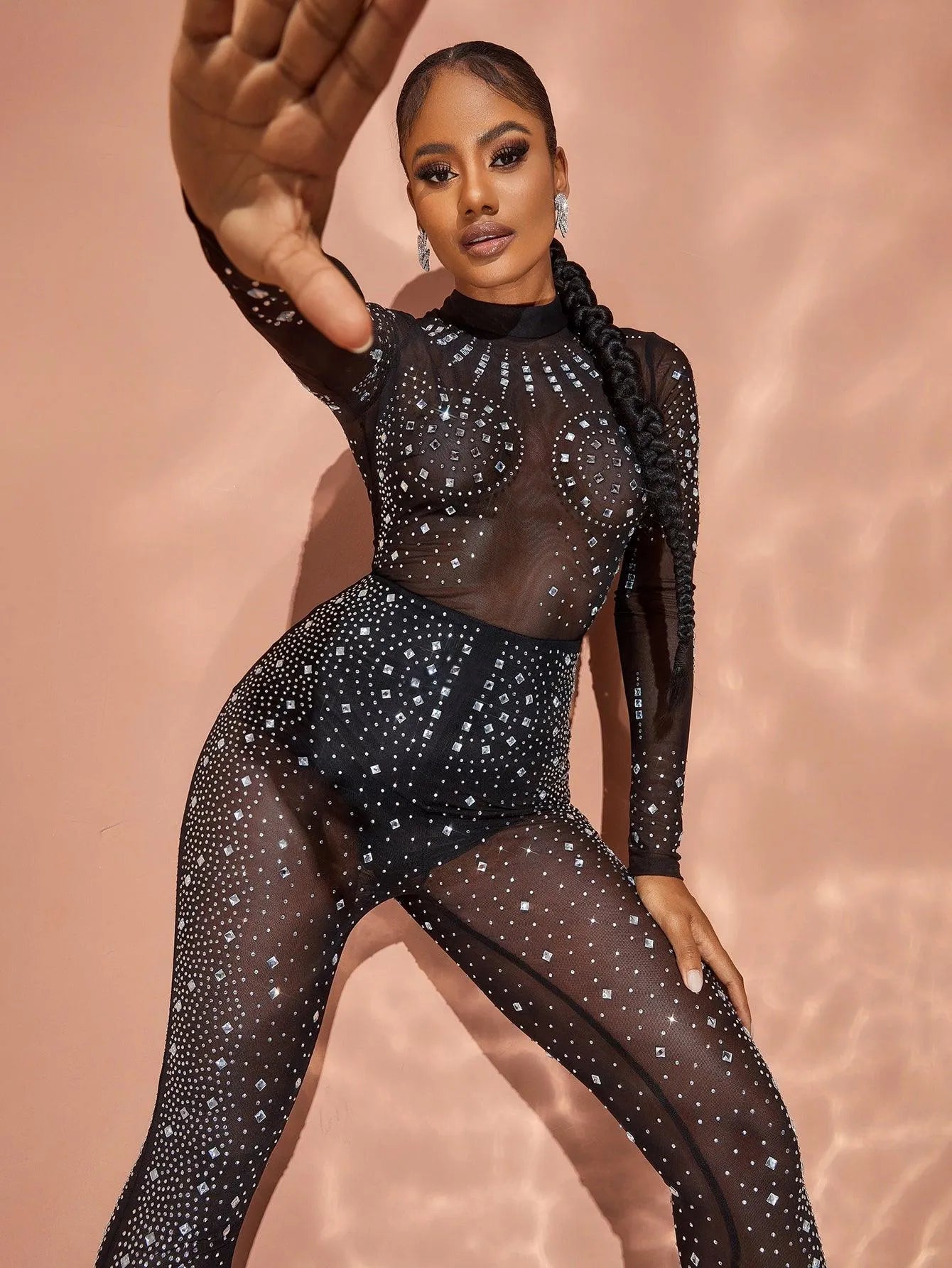 Black Rhinestone Mock-Neck Long-Sleeve Jumpsuit - product image 5
