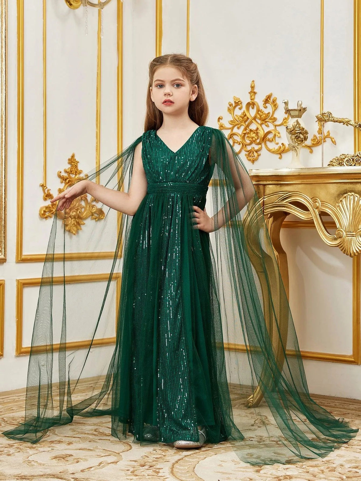 Alternate view of Contrast Mesh Cape-Sleeve V-Neck Sequin A-Line Tween Girls' Party Dress in Dark Green