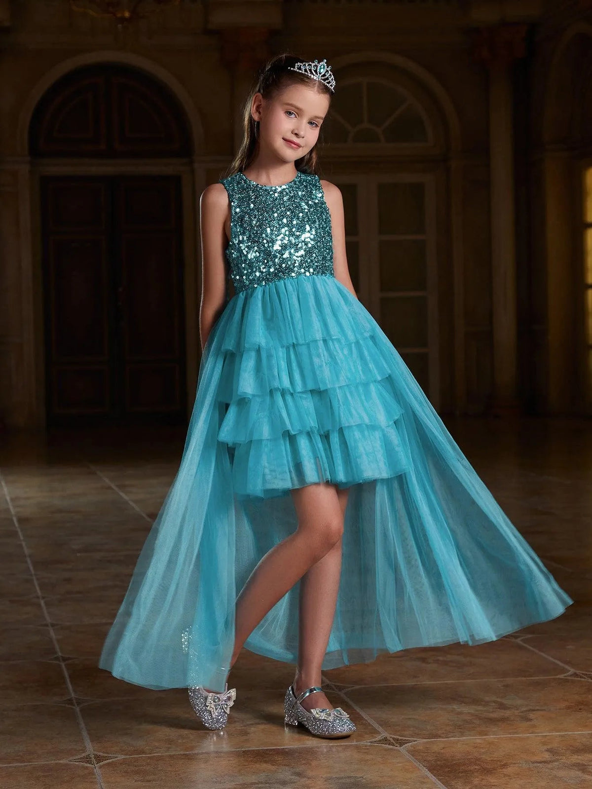 Alternate view of Layered Hem Sequin A-Line Sleeveless Mesh Round Neck Tween Girls' Party Dress in Blue