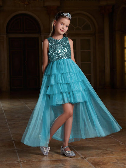 Alternate view of Layered Hem Sequin A-Line Sleeveless Mesh Round Neck Tween Girls' Party Dress in Blue