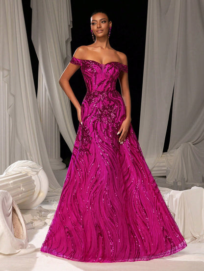 Elegant Off Shoulder Graphic Sequin Formal Prom Dress Evening Dress