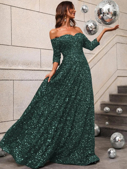 Off Shoulder 3/4 Sleeve Sequin A Line Dress