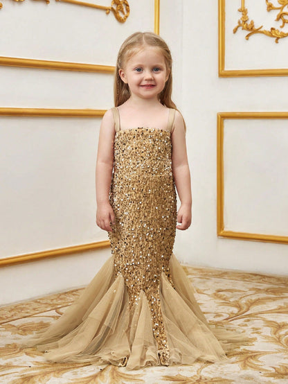 Young Girls' Sleeveless Mesh Overlay Sequin Mermaid Party Dress – view 7