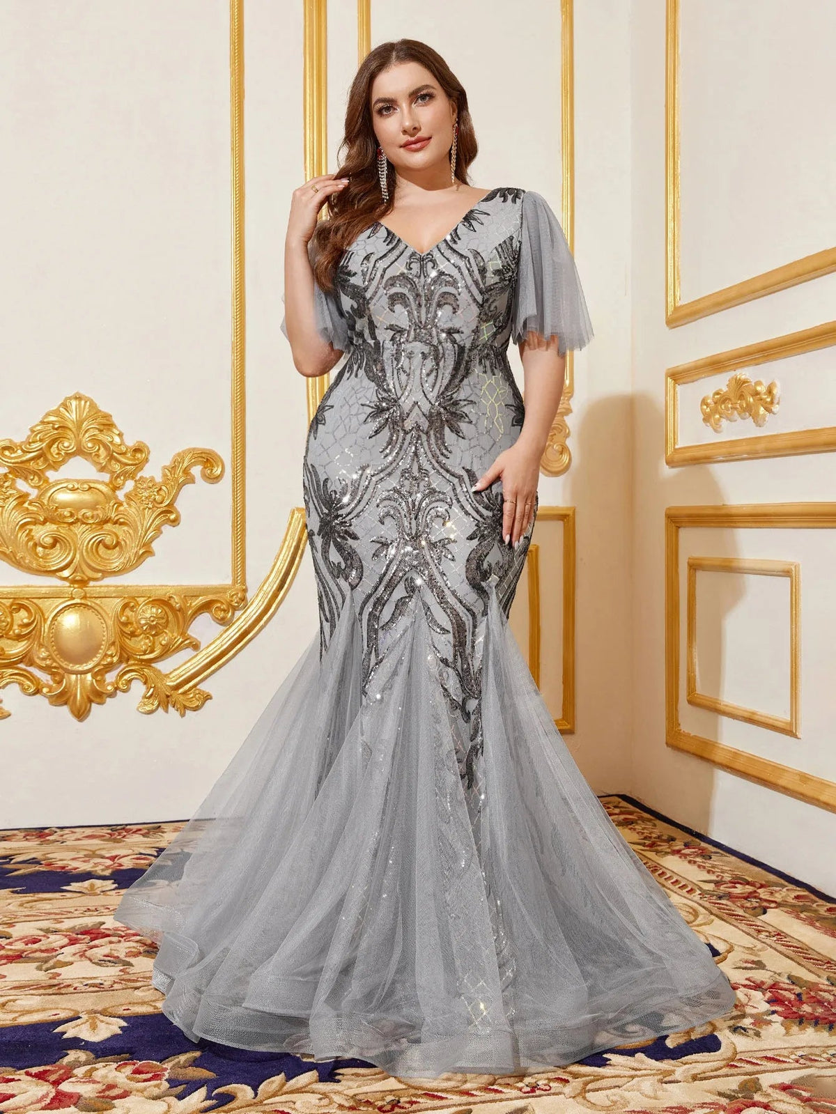 Grey plus-size sequin mermaid prom dress with butterfly sleeves