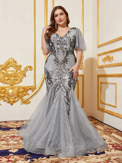 Grey plus-size sequin mermaid prom dress with butterfly sleeves