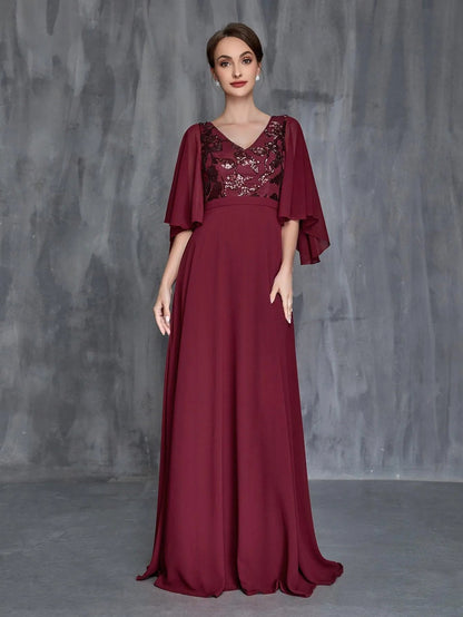 Women's Flounce Sleeve Contrast Sequin Chiffon Dress