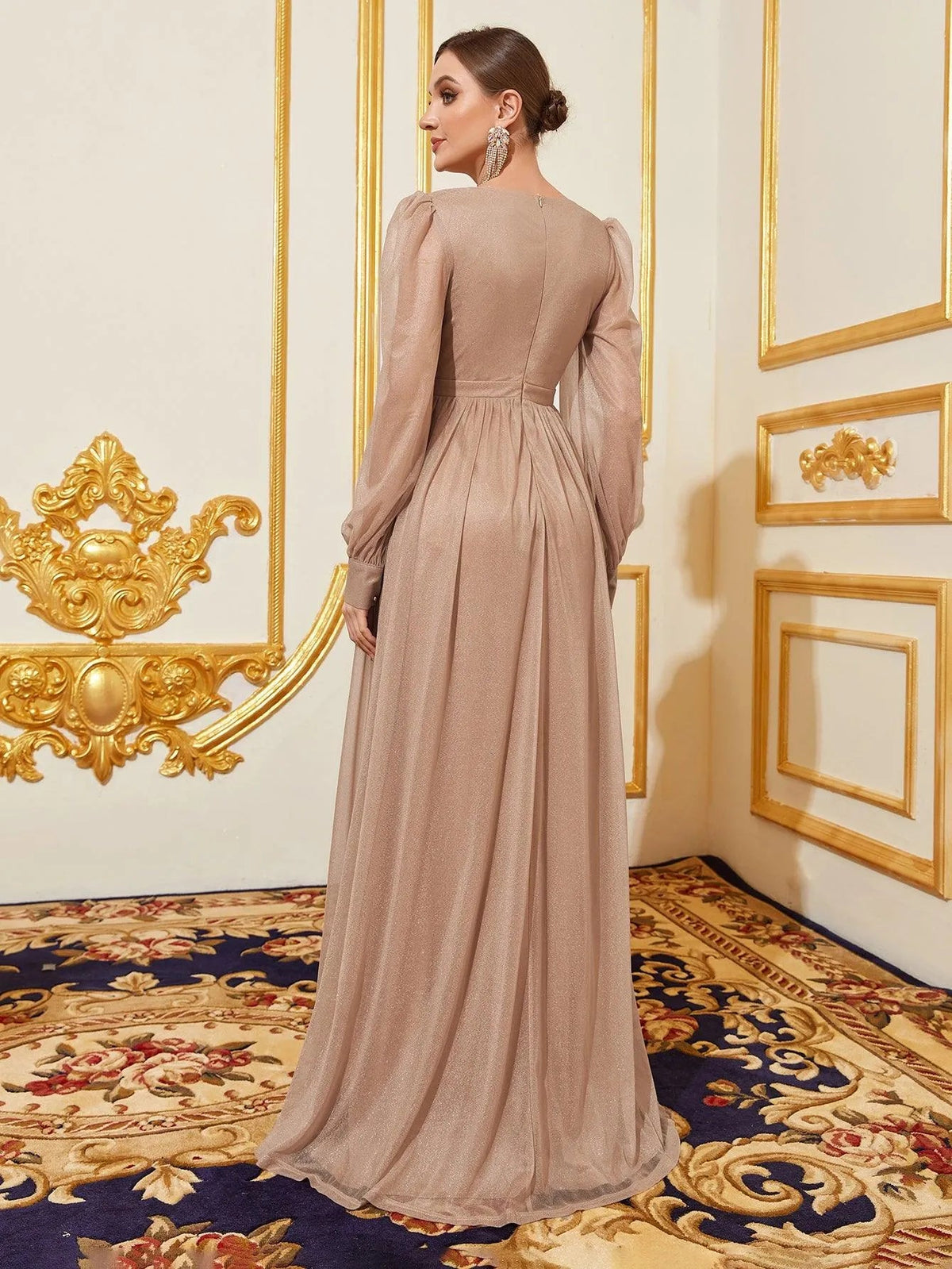 Additional product view of V-Neck Chiffon A-Line Long-Sleeve Maxi Evening Gown
