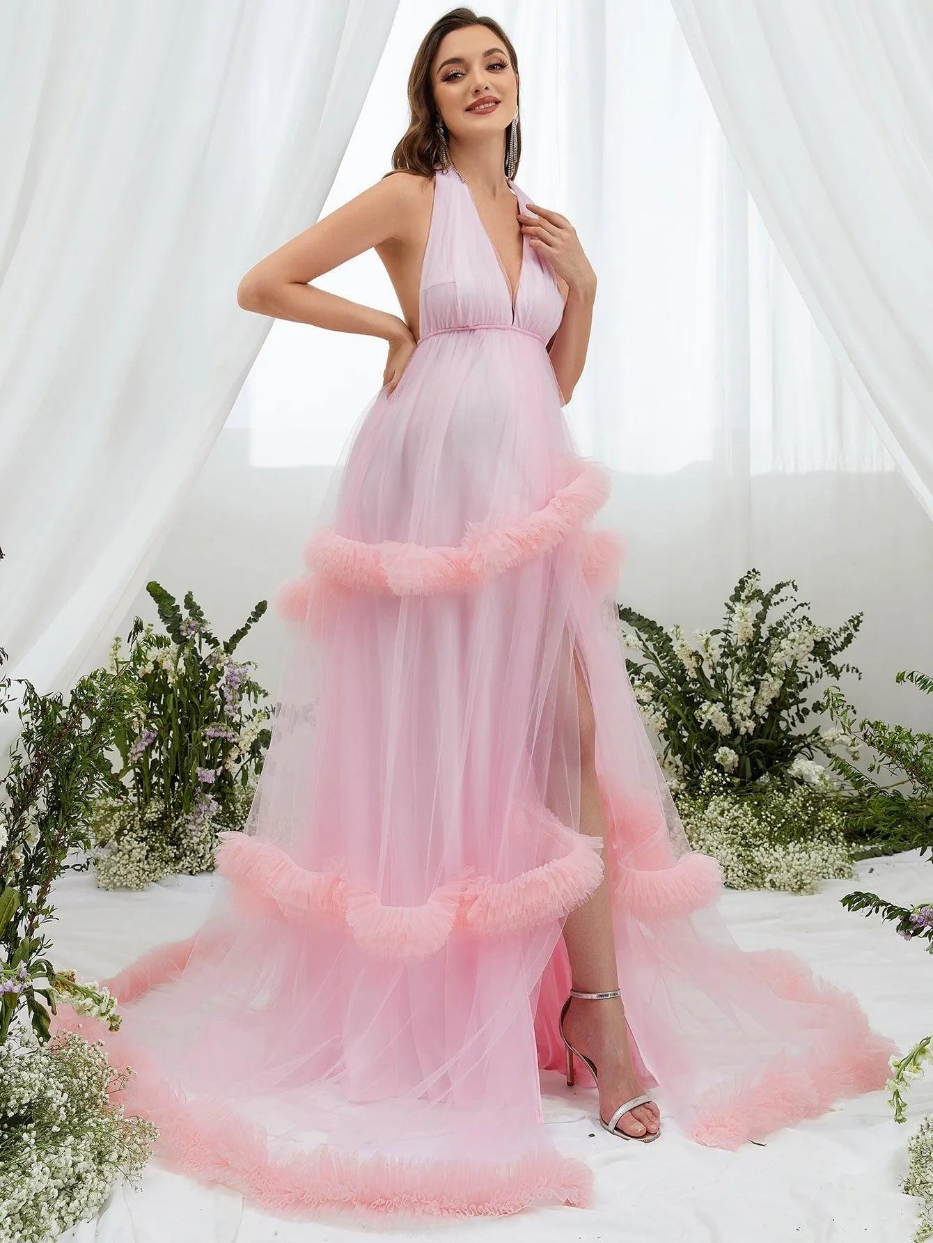 Maternity Maxi Halter Neck Layered Frill Trim Dress – view 5