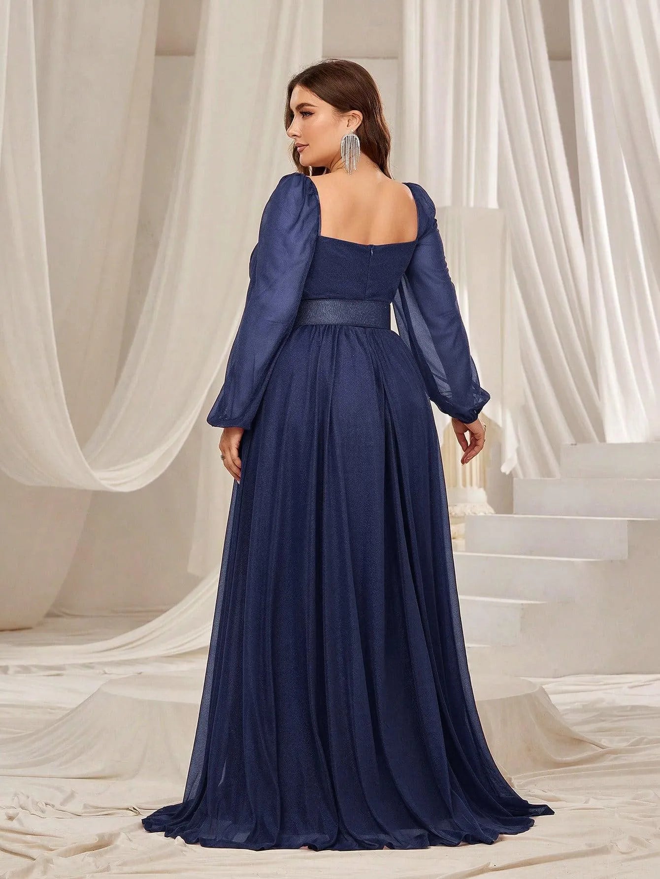 Plus Square Neck Lantern Sleeves Split Thigh Evening Dress – view 8