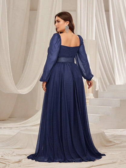 Plus Square Neck Lantern Sleeves Split Thigh Evening Dress – view 8