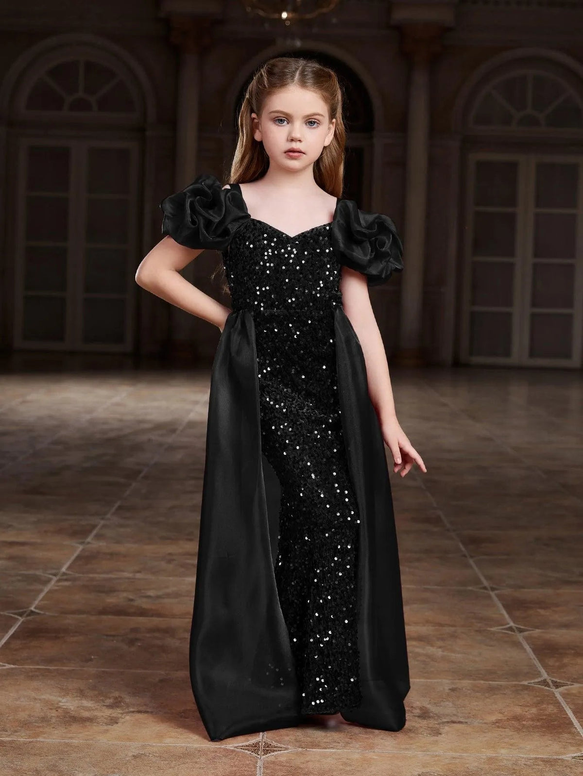 Additional product view of Mesh Overlay Sweetheart-Neck Sequin Mermaid Short-Sleeve Tween Girls' Party Dress