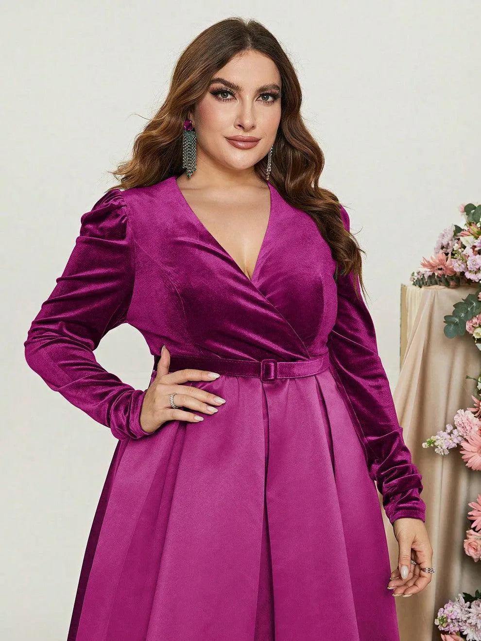 Plus V Neck Long Sleeve Belted Satin A Line Dress