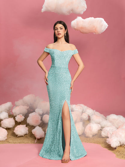 Alternate view of Mermaid Hem Off-Shoulder Sequin Short-Sleeve Maxi Teen Girls' Party Dress in Mint