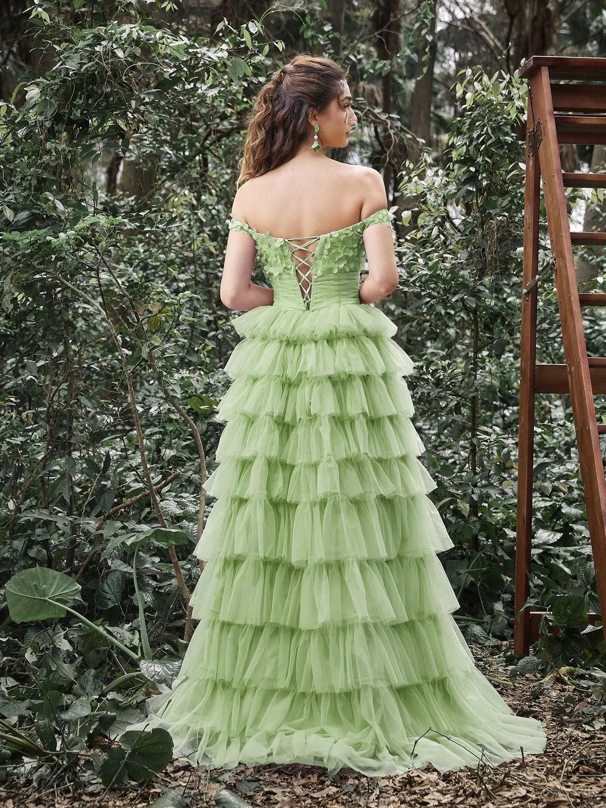 Off-Shoulder Applique Bodice Cascading Ruffle Hem Prom Dress — authorized product image 8