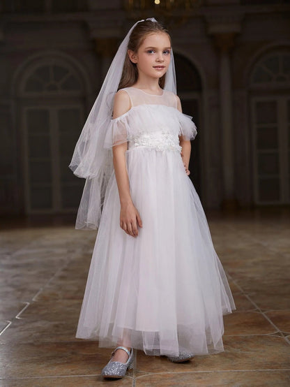 Tween Girls' Round Neck Tulle Short-Sleeve A-Line Formal Gown — authorized product image 2