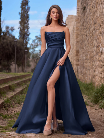 Strapless Lace Satin Sleeveless A-Line Evening Gown in Navy Blue