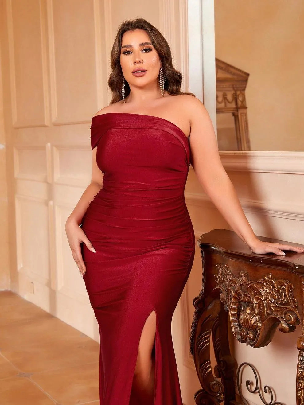 Additional product view of Mermaid Hem Plus-Size One-Shoulder Knit High-Slit Evening Gown