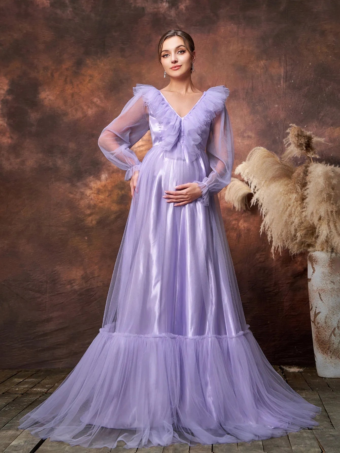 Maternity V-Neck Tulle Long-Sleeve A-Line Evening Gown — authorized product image 1