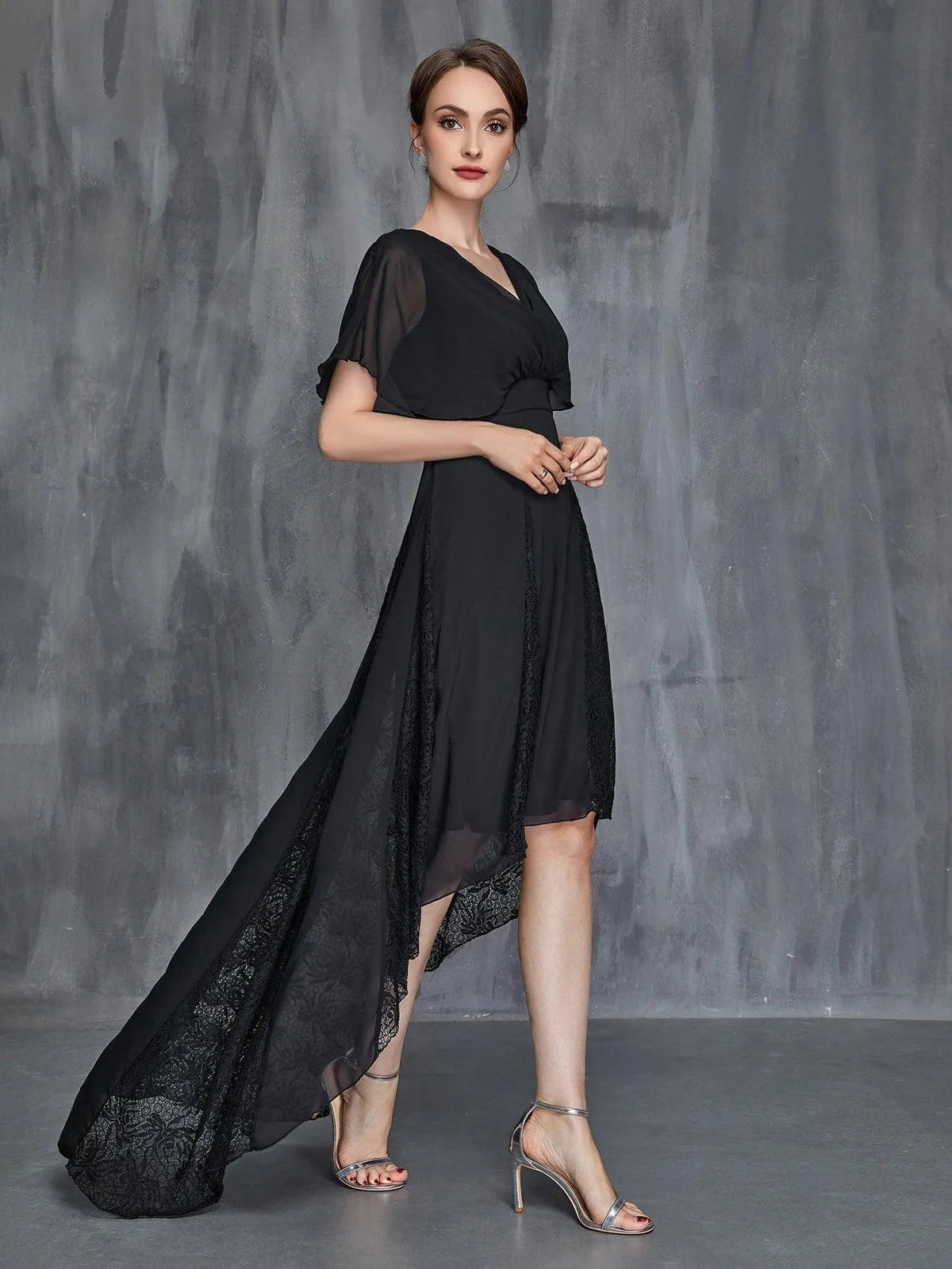 Mother-of-the-Bride V-Neck Chiffon Short-Sleeve A-Line Evening Gown — authorized product image 4
