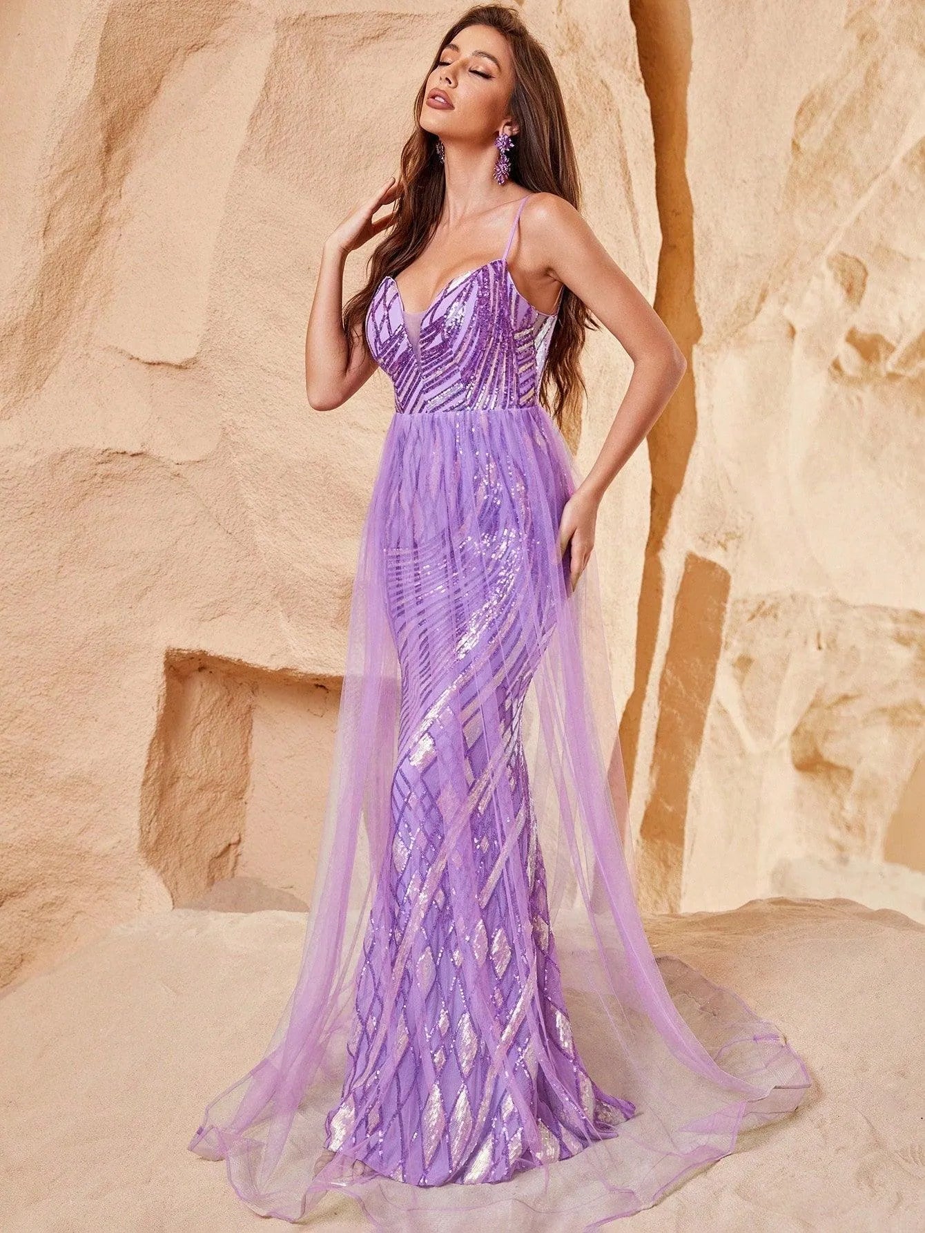 Spaghetti Strap Sequin Tulle Sleeveless Mermaid Evening Gown — authorized product image 3