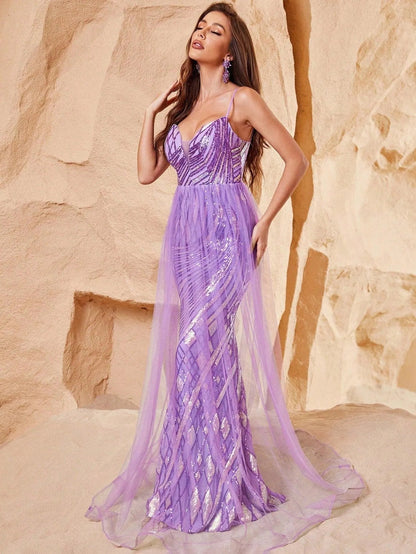 Spaghetti Strap Sequin Tulle Sleeveless Mermaid Evening Gown — authorized product image 3