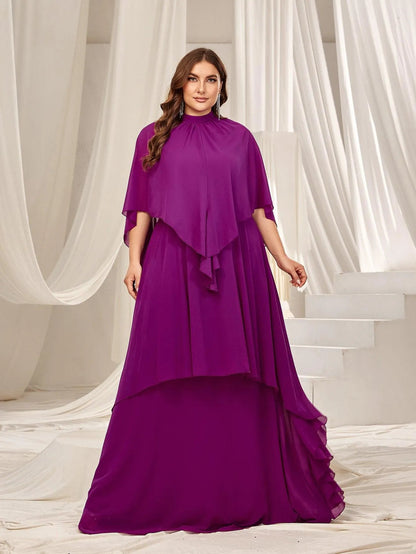 Plus Mock Neck Layered Hem Chiffon Evening Dress