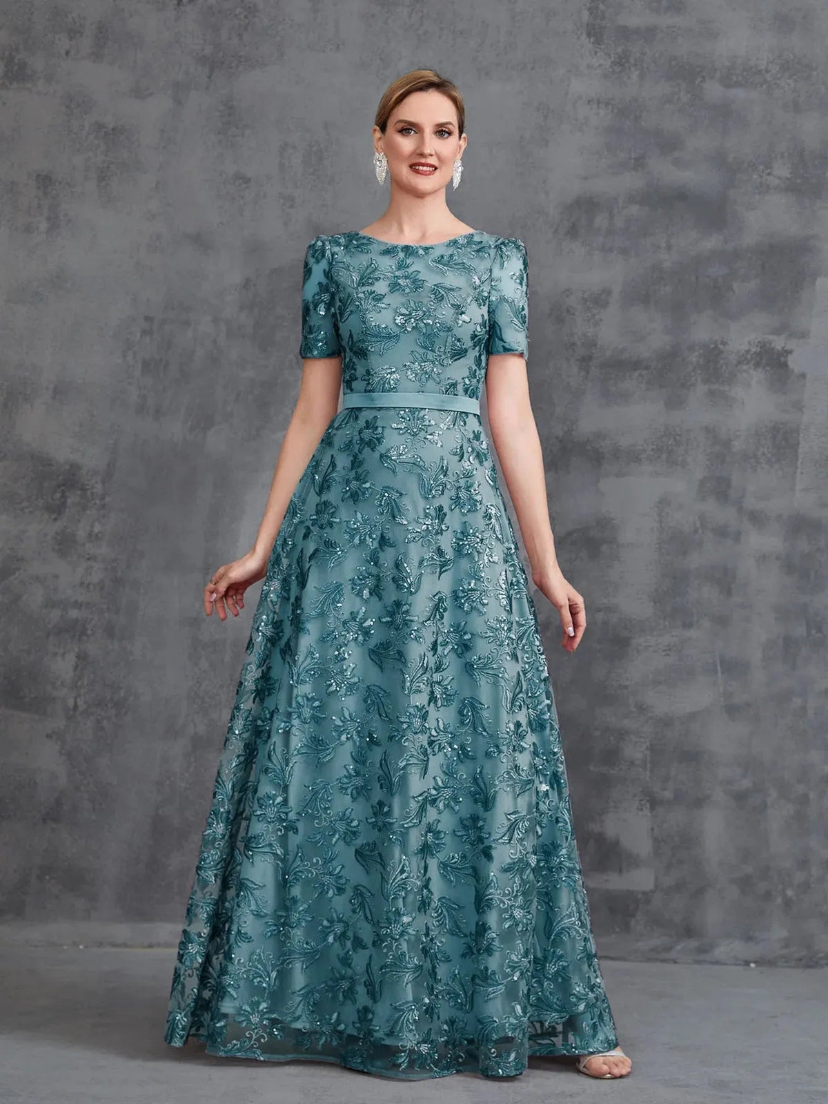 Alternate view of Short-Sleeve A-Line Sequin Maxi Mother-of-the-Bride Dress in Blue