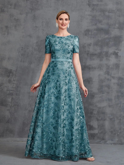 Alternate view of Short-Sleeve A-Line Sequin Maxi Mother-of-the-Bride Dress in Blue