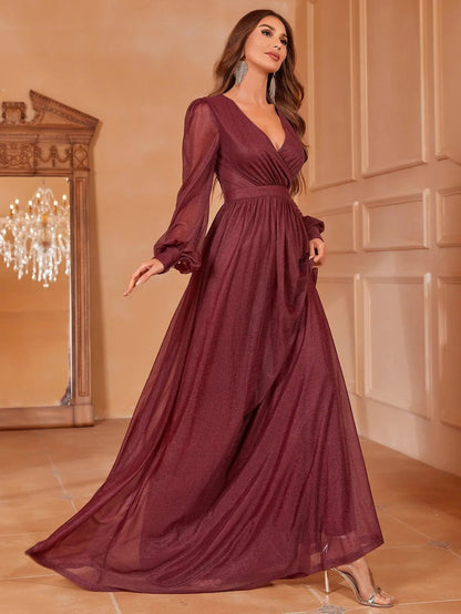Alternate view of V-Neck Chiffon A-Line Long-Sleeve Maxi Evening Gown in Burgundy