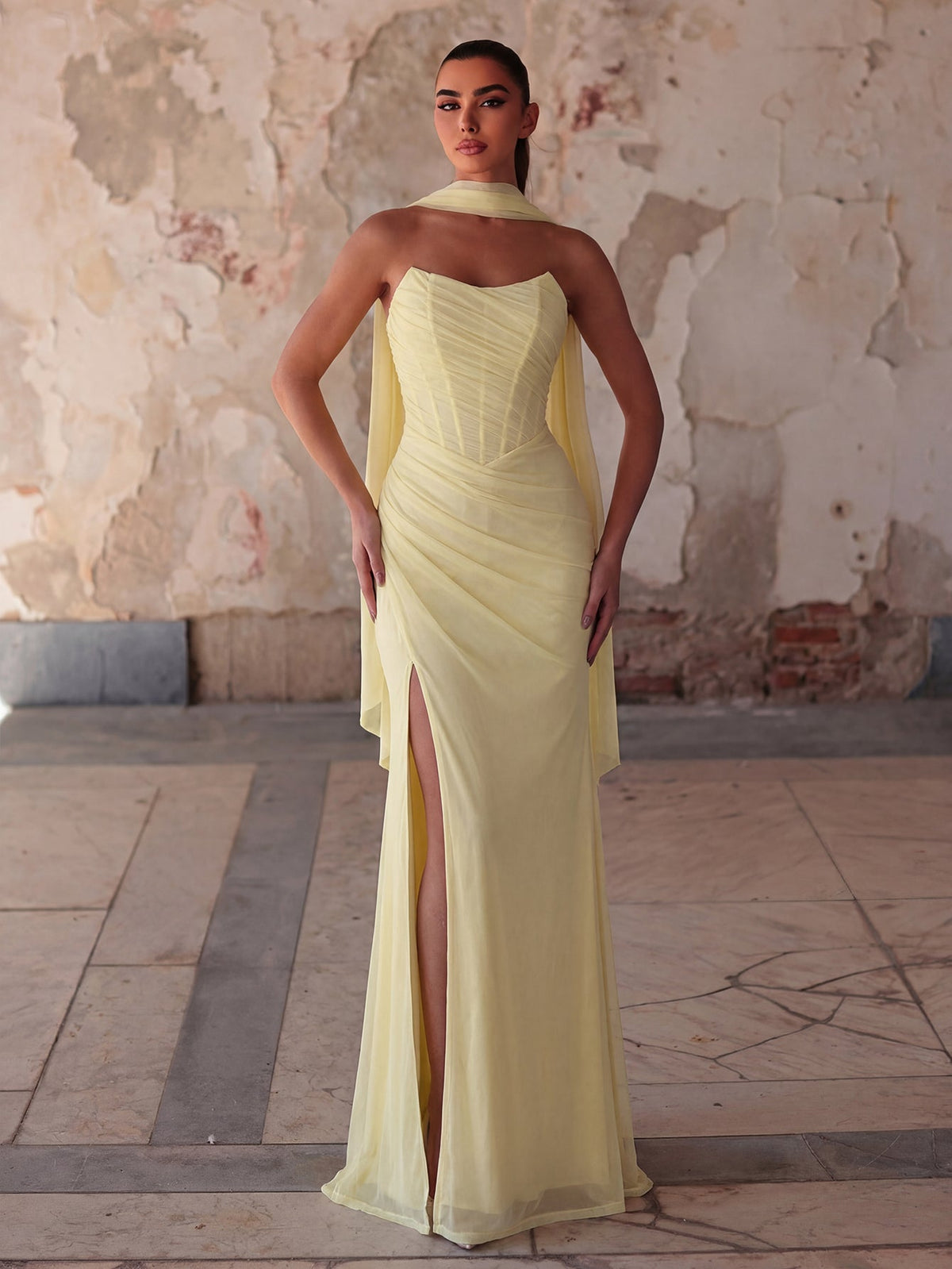 Lace-Up Back Strapless High-Slit Mermaid Sleeveless Evening Gown in Yellow
