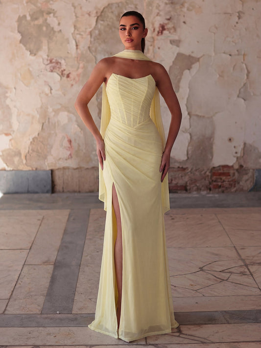 Lace-Up Back Strapless High-Slit Mermaid Sleeveless Evening Gown in Yellow