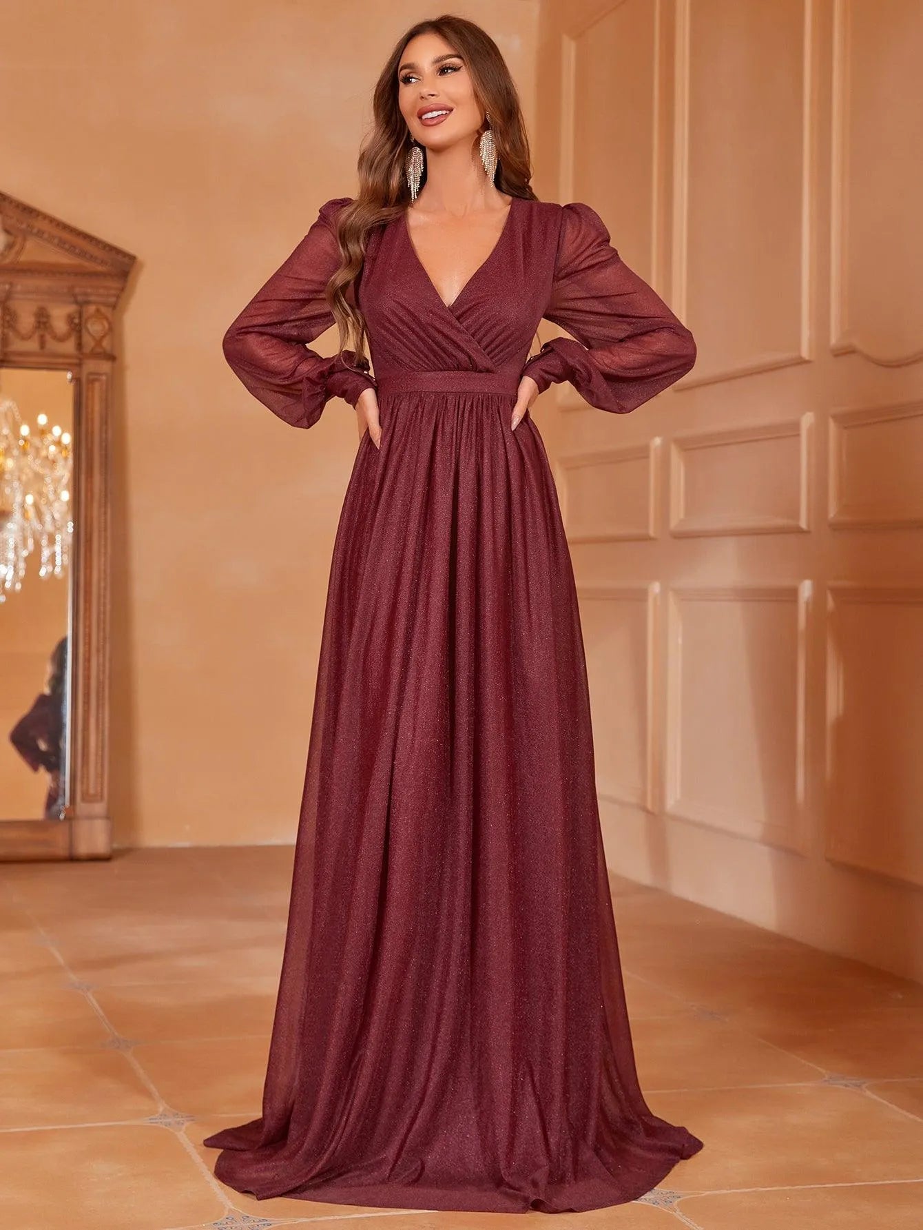 Additional product view of V-Neck Chiffon A-Line Long-Sleeve Maxi Evening Gown