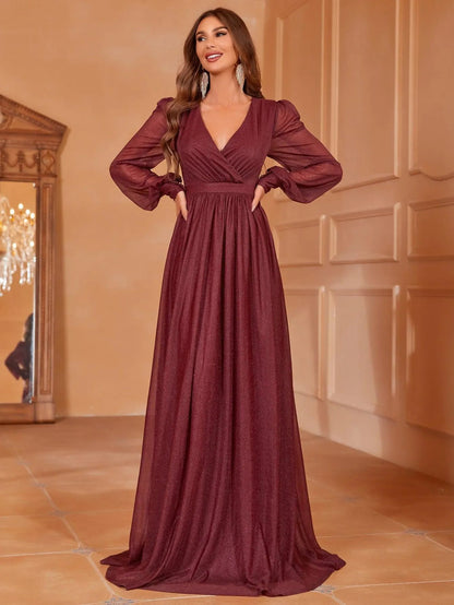 Additional product view of V-Neck Chiffon A-Line Long-Sleeve Maxi Evening Gown