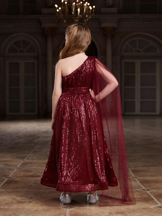 Tween Girls' One-Shoulder Draped Side Sequin Prom Dress — authorized product image 2