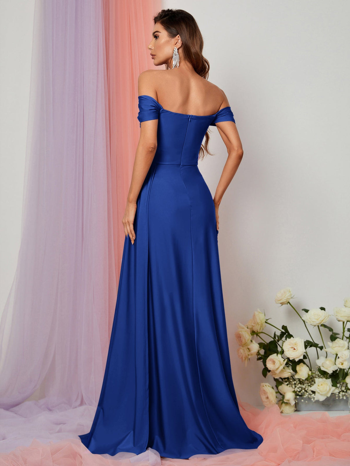 Additional product view of Draped Side High-Slit Off-Shoulder Knit Mermaid Evening Gown