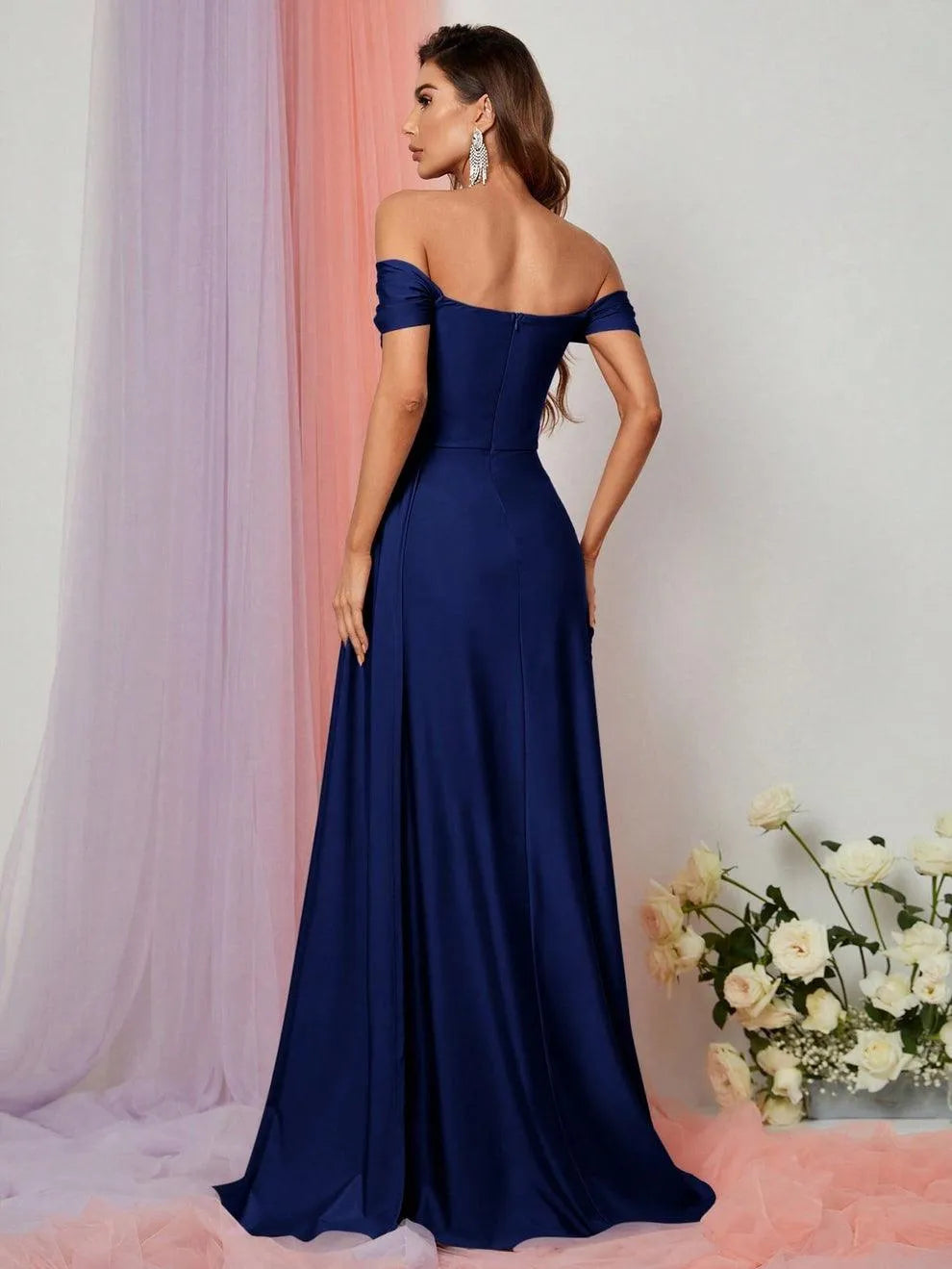 Additional product view of Draped Side High-Slit Off-Shoulder Knit Mermaid Evening Gown