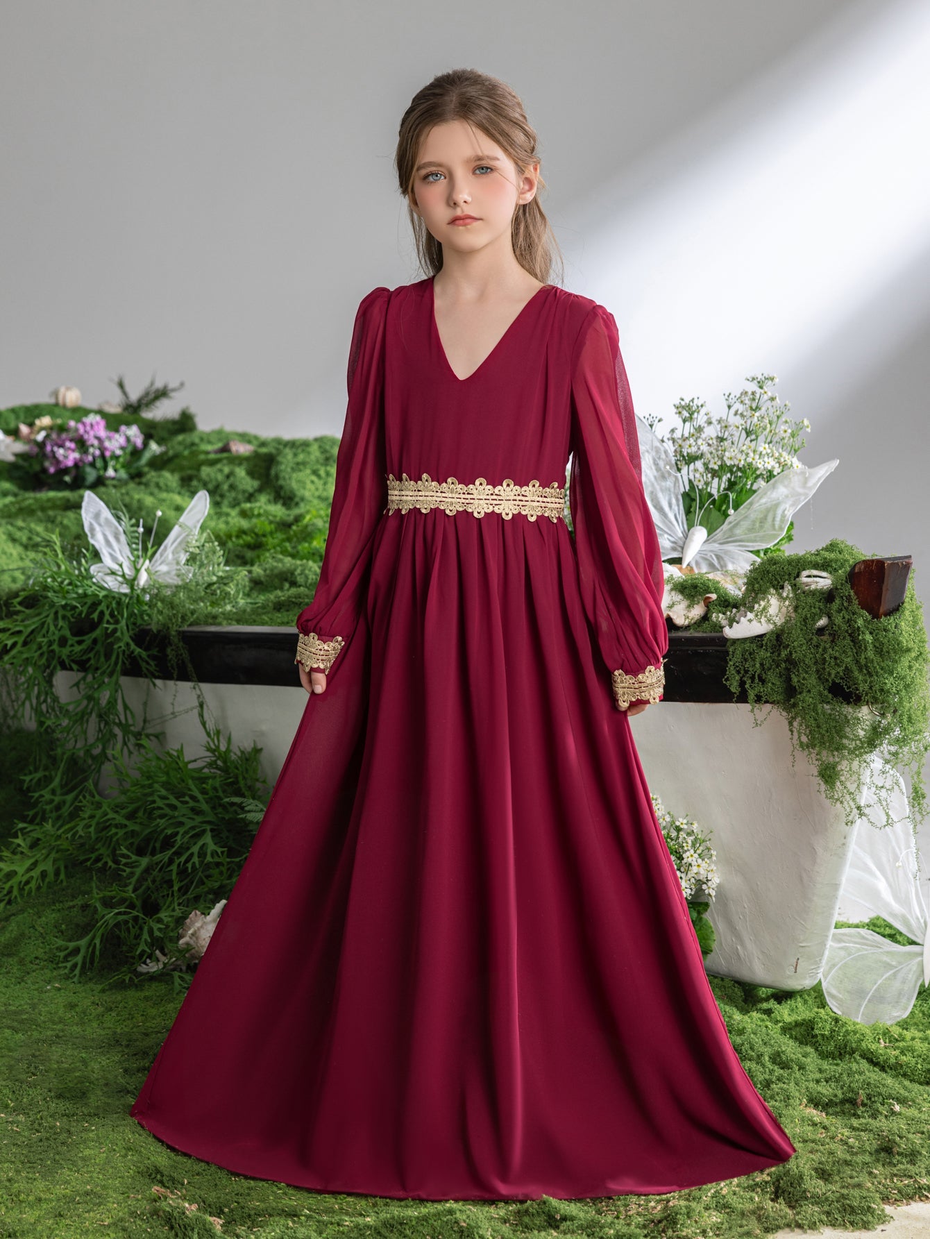 Tween Girls' Lace Trim Decoration V-neck Bishop Sleeves Chiffon Party Dress – view 7